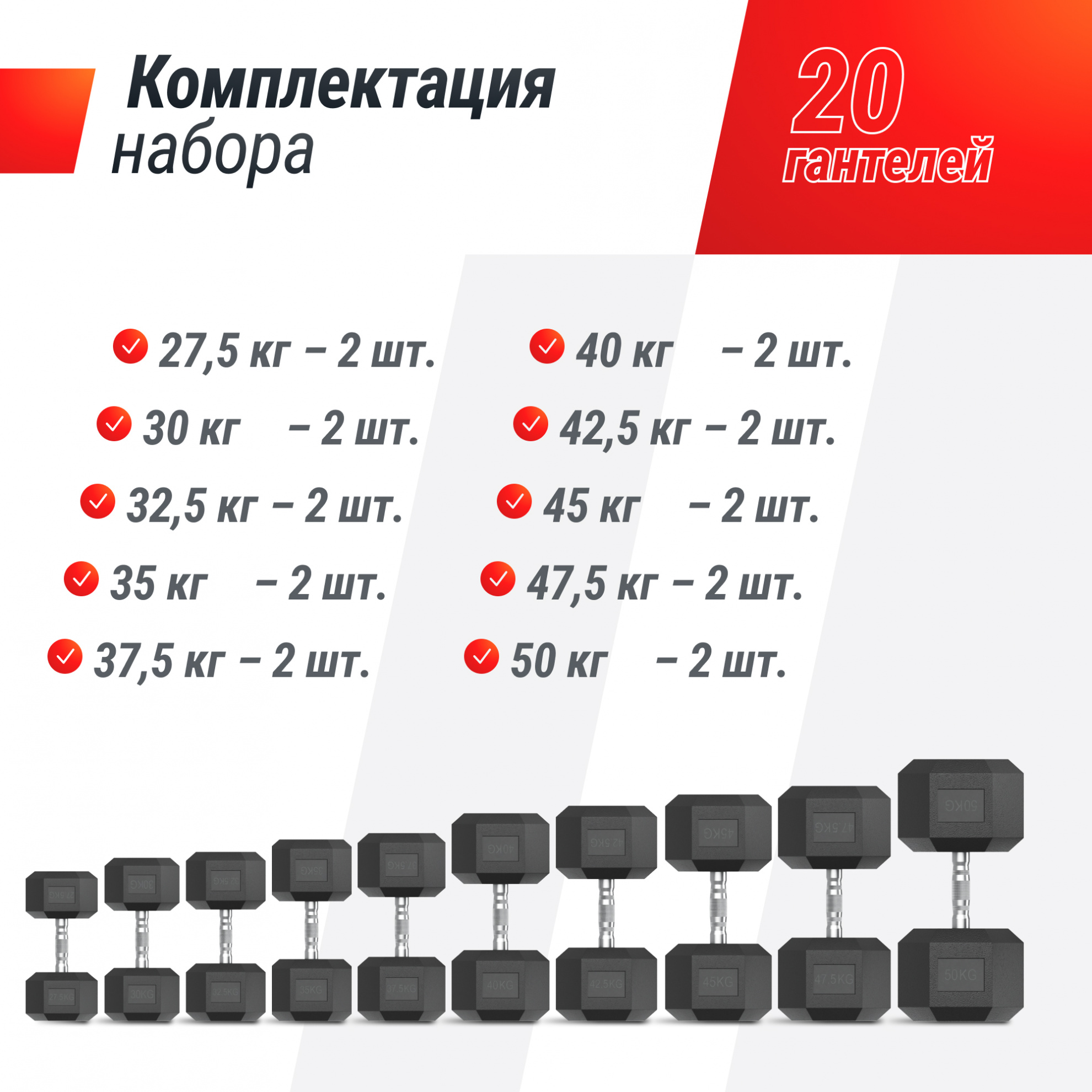 Набор обрезиненных гантелей UnixFit гексагональных от 27,5 до 50 кг